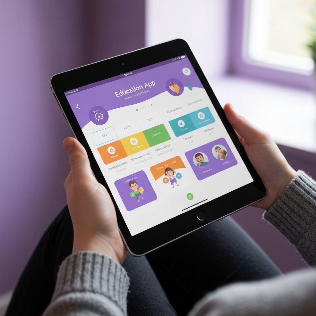 Person holding tablet with education app